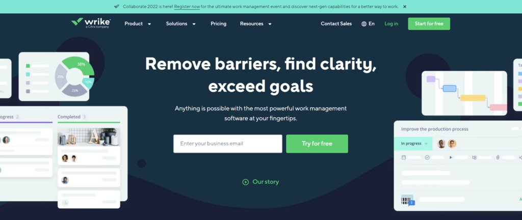 La page d'accueil de Wrike, une plateforme de gestion de projet avec une vue sur le tableau Kanban.