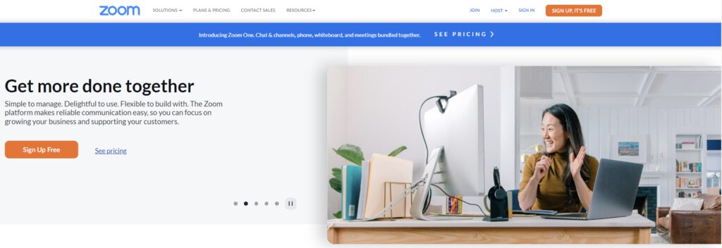 La page d'accueil de Zoom, un outil collaboratif de vidéoconférence populaire