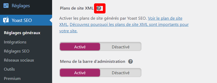 Cliquez sur l'ic&ocirc;ne de point d'interrogation pour v&eacute;rifier le lien sitemap XML