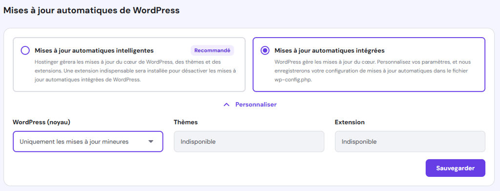 Section de configuration des mises &agrave; jour automatiques int&eacute;gr&eacute;es de WordPress dans hPanel