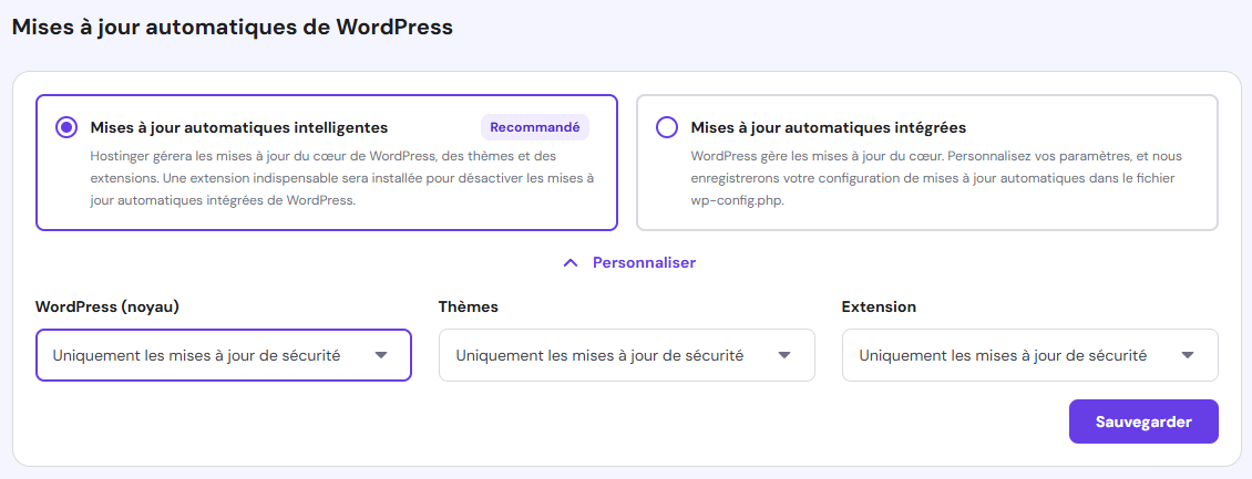 Choisir les mises à jour automatiques intelligentes de WordPress sur hpanel