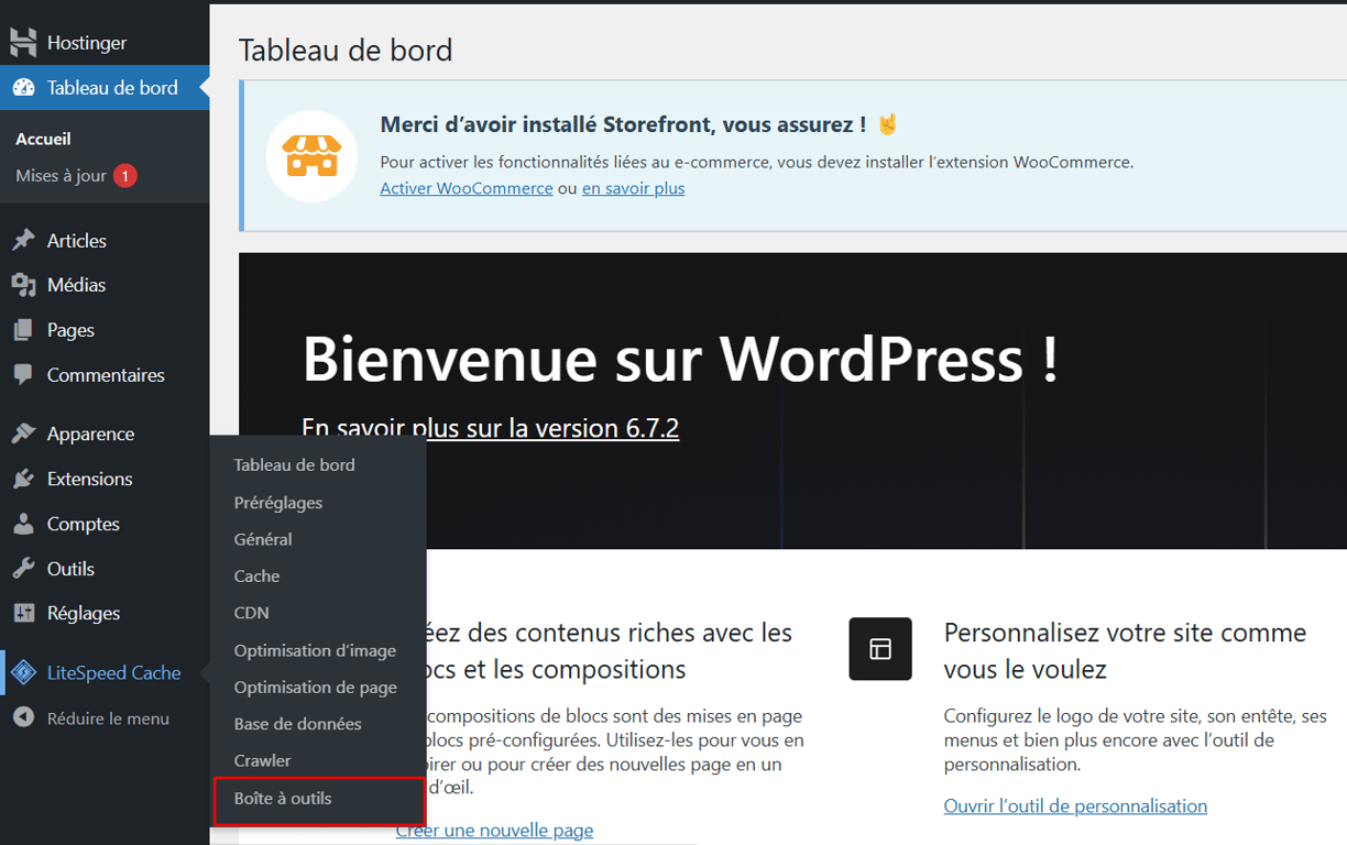 Menu Boîte à outils de LiteSpeed Cache