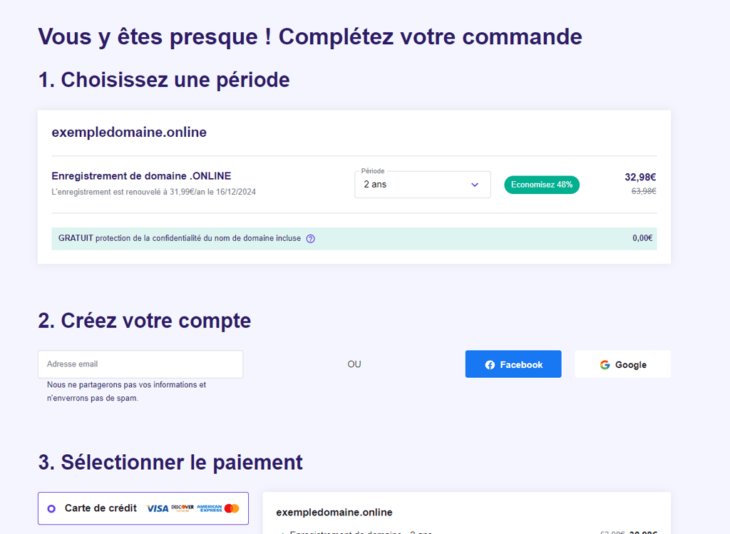 Remplir les d&eacute;tails de la commande sur Hostinger