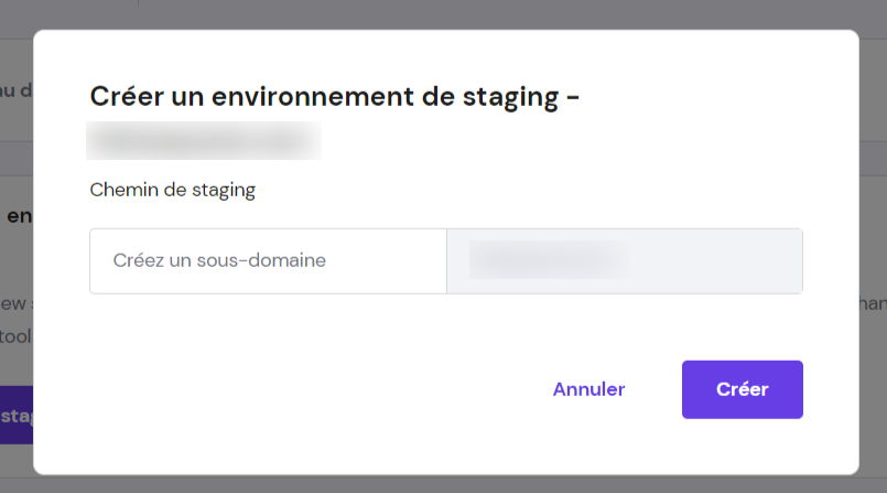 Un nouveau popup de cr&eacute;ation d'environnement de staging avec un champ pour entrer un sous-domaine