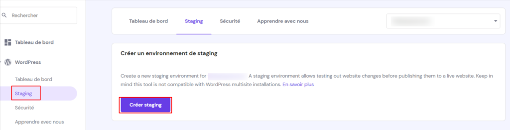Section de staging de WordPress dans Hostinger