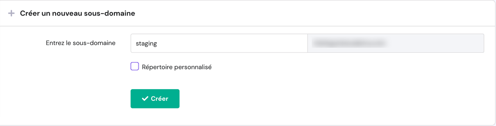 Section des sous-domaines de Hostinger, o&ugrave; l'utilisateur peut cr&eacute;er un nouveau sous-domaine