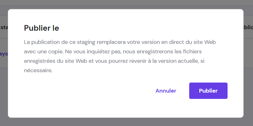 Le message pop-up confirmant la publication du site web staging du domaine.tld.