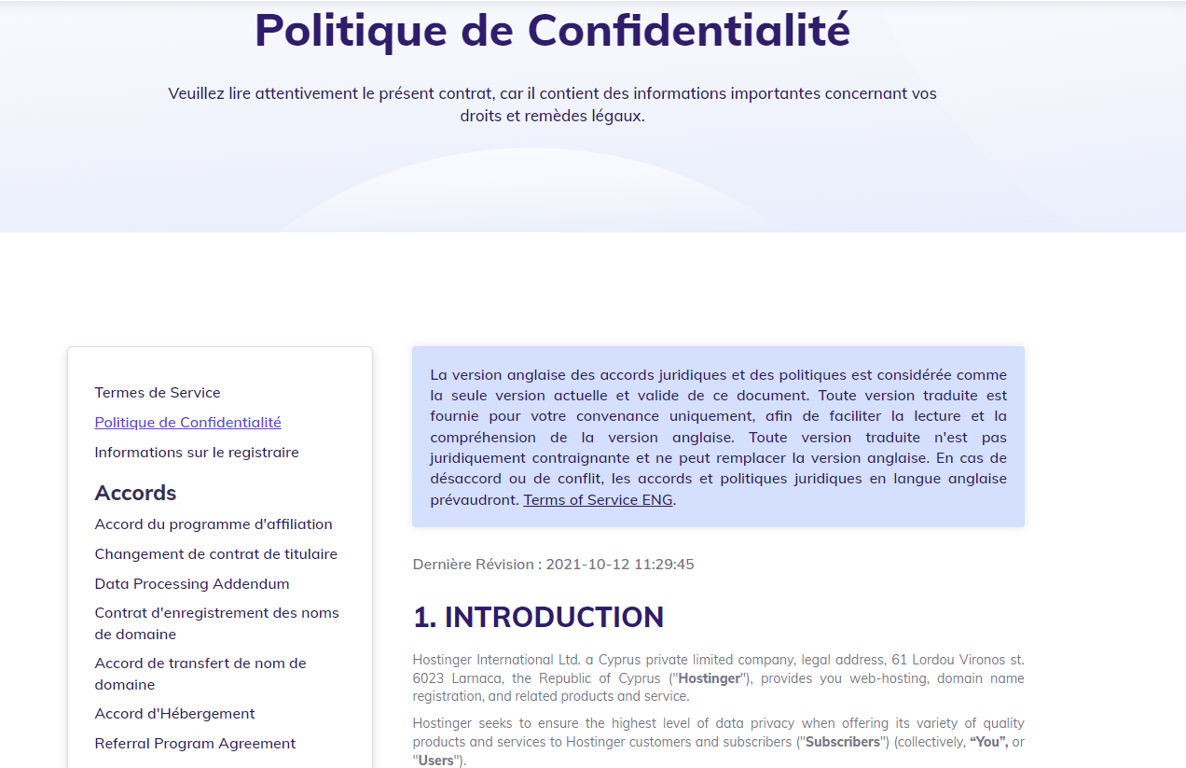 La page de politique de confidentialit&eacute; de Hostinger