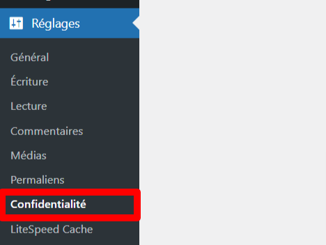 param&egrave;tres de confidentialit&eacute; dans le tableau de bord de WordPress 