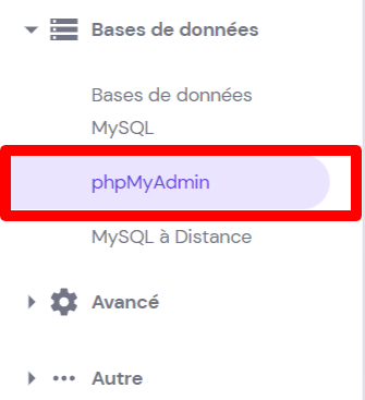 S&eacute;lectionner la base de donn&eacute;es PHPmyAdmin sur hPanel