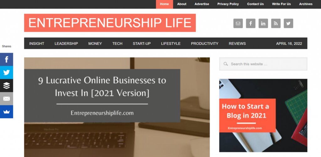 Capture d'&eacute;cran du site Entrepreneurship Life 