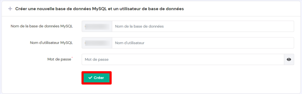 La section MySQL Databases dans le hPanel, vous montrant comment créer une nouvelle base de données MySQL