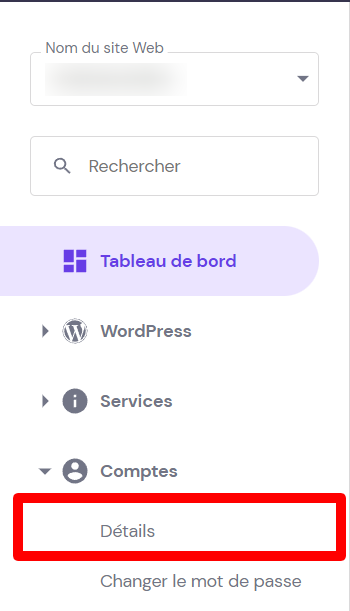 D&eacute;tails du compte hPanel.