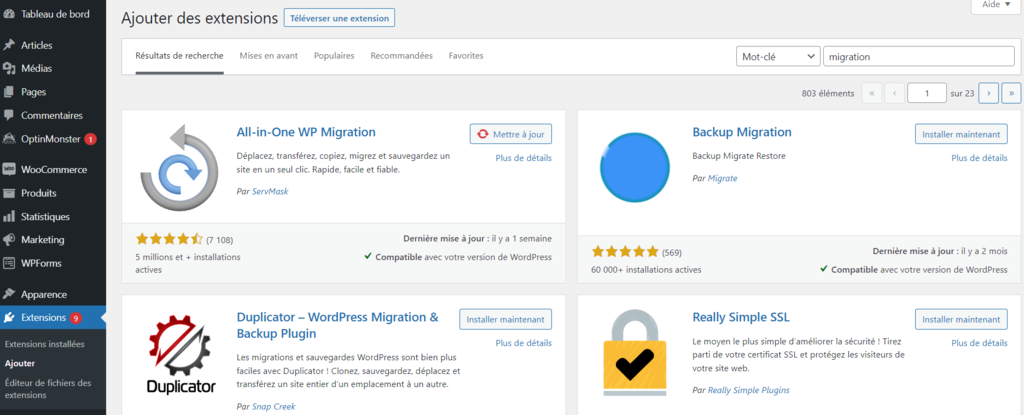 Ajouter une extension de migration sur WordPress