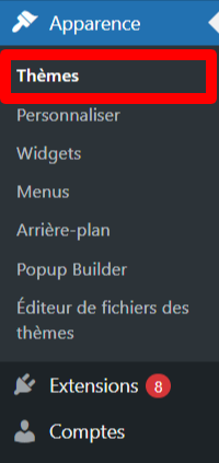 Menu de Th&egrave;mes sur le tableau de bord de WordPress