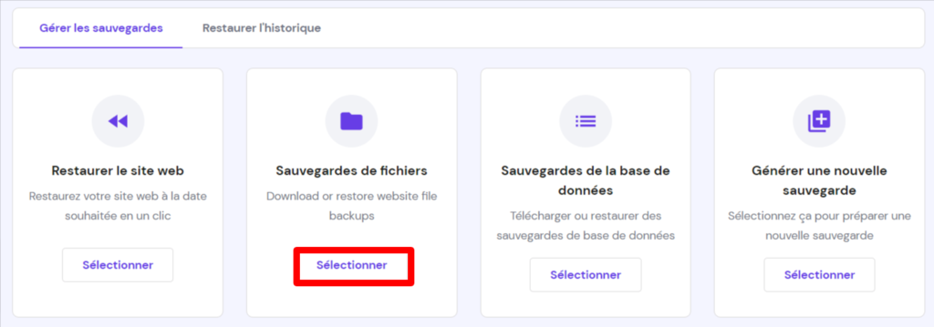S&eacute;lectionner les sauvegardes de fichiers sur hPanel