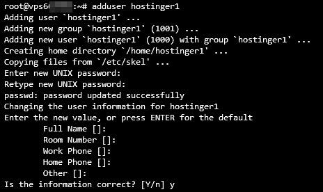 R&eacute;sultat du terminal lors de la configuration de l'utilisateur nouvellement ajout&eacute;
