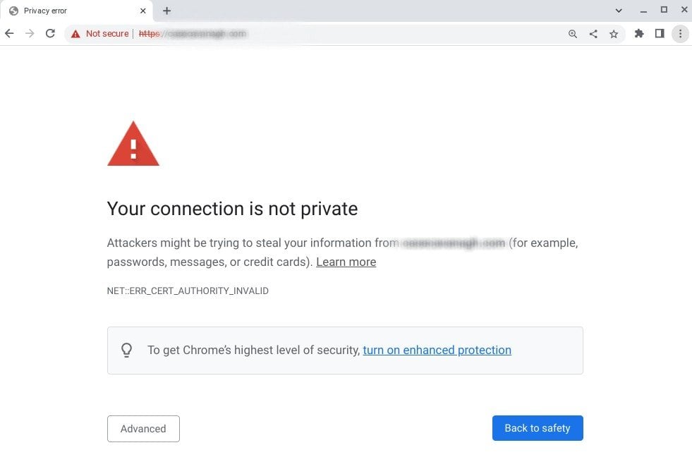 Exemple de message d'avertissement indiquant que le site web auquel vous essayez d'acc&eacute;der n'est peut-&ecirc;tre pas s&eacute;curis&eacute;.