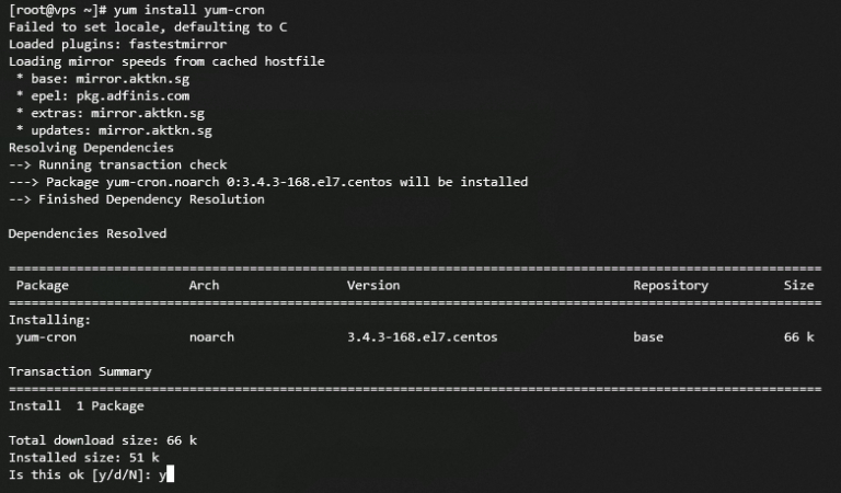 R&eacute;sultat du terminal lors de l'installation de yum-cron