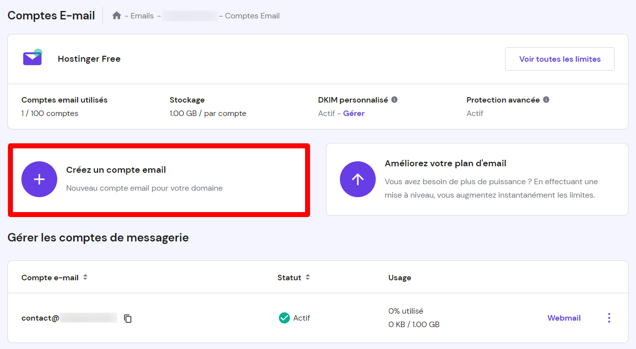 La page Emails du hPanel, montrant o&ugrave; cliquer sur Cr&eacute;er un compte email