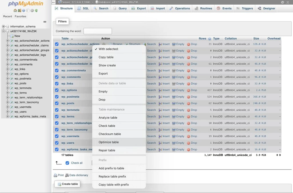 Optimiser les tables de la base de donn&eacute;es sur phpmyadmin