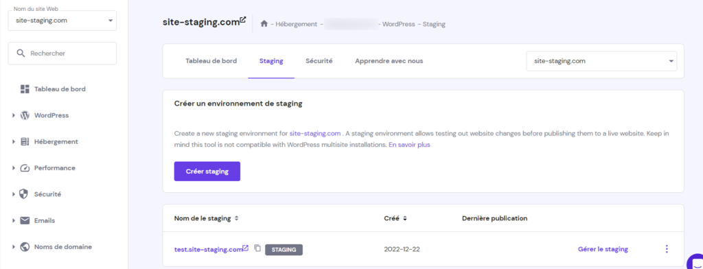 Environnement de staging sur le hPanel de Hostinger