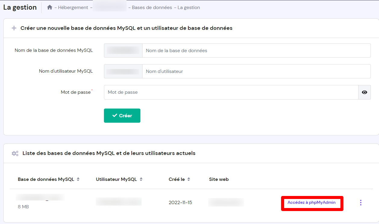 Bouton accédez à phpmyadmin sur hPanel