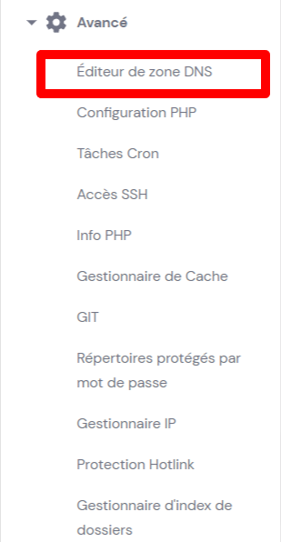 Bouton éditeur de zone DNS sur hPanel