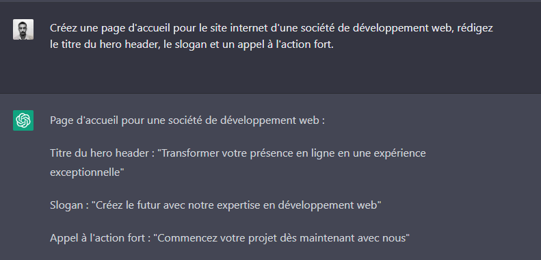 Recommandation d'&eacute;l&eacute;ments de page d'accueil de ChatGPT