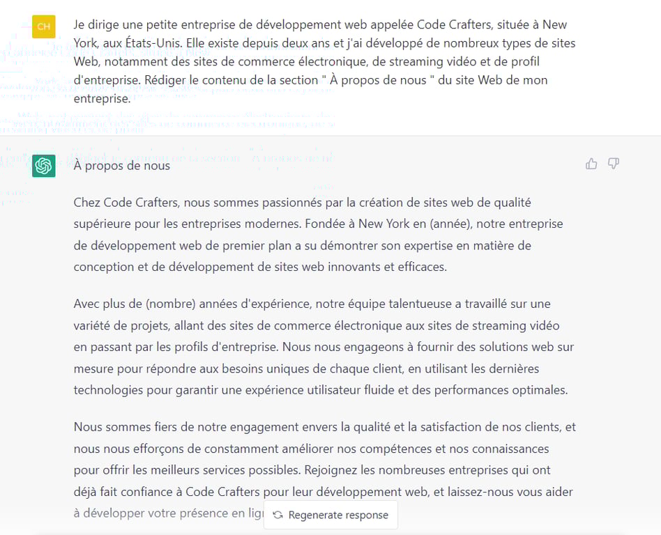 Contenu de la page "&Agrave; propos de nous" g&eacute;n&eacute;r&eacute; par ChatGPT