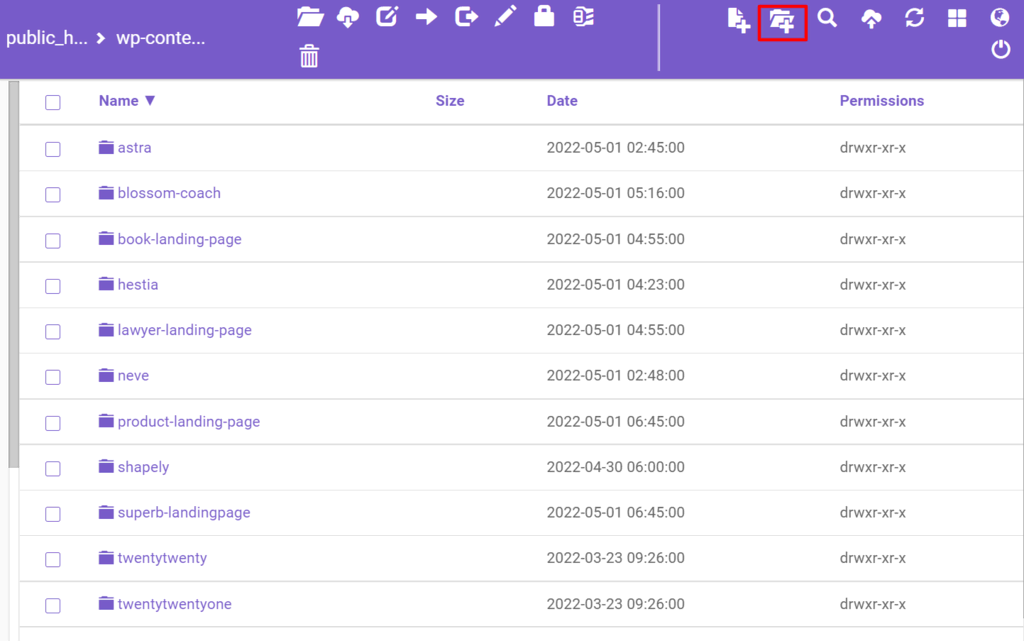 Le dossier themes dans le gestionnaire de fichiers où vous pouvez ajouter un nouveau dossier pour créer un thème enfant.