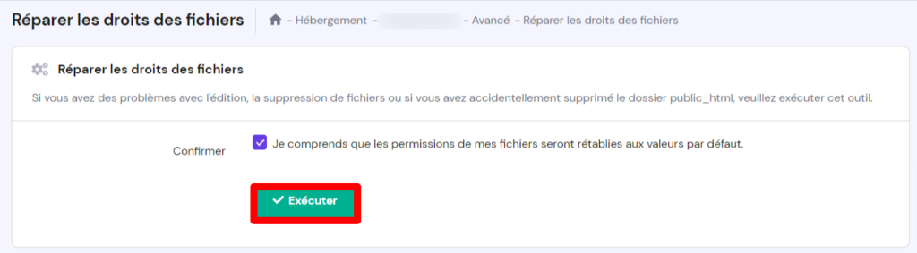 exécuter la réparation des droits des fichiers sur hPanel