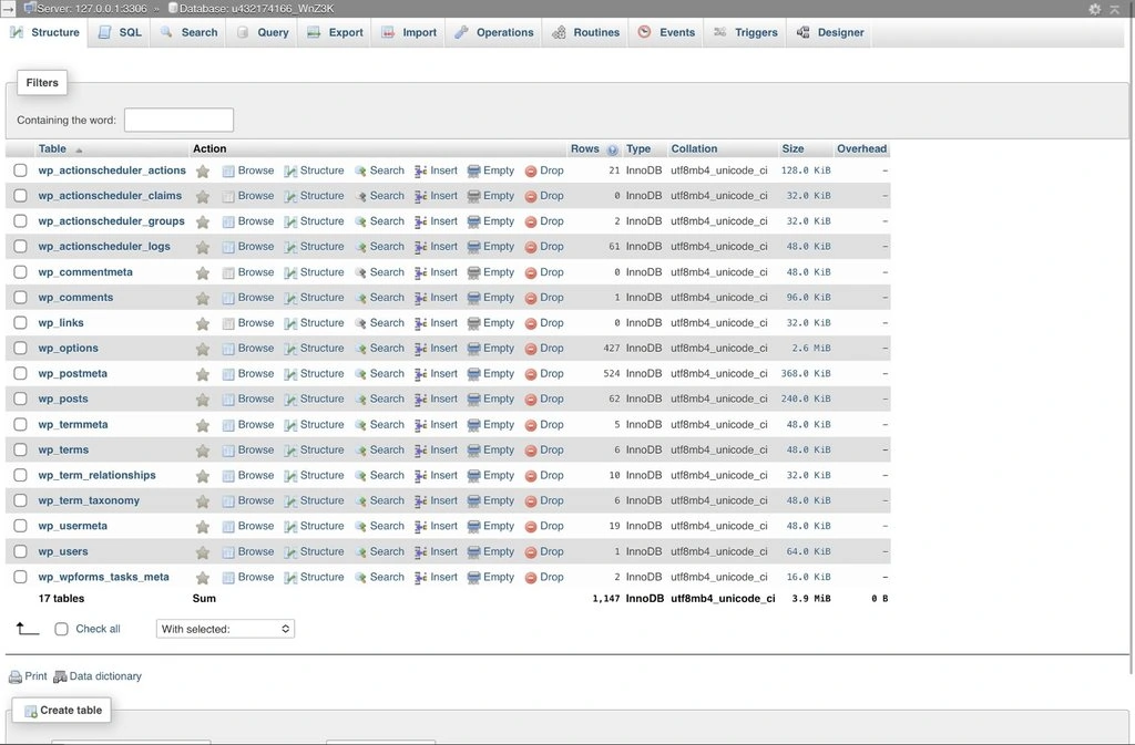 Exemple des tables d'une base de donn&eacute;es MySQL