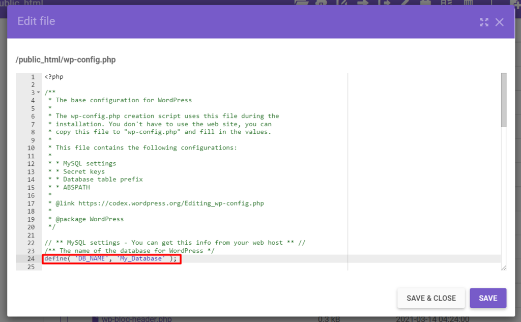 le nom de la base de données dans le fichier wp-config.php