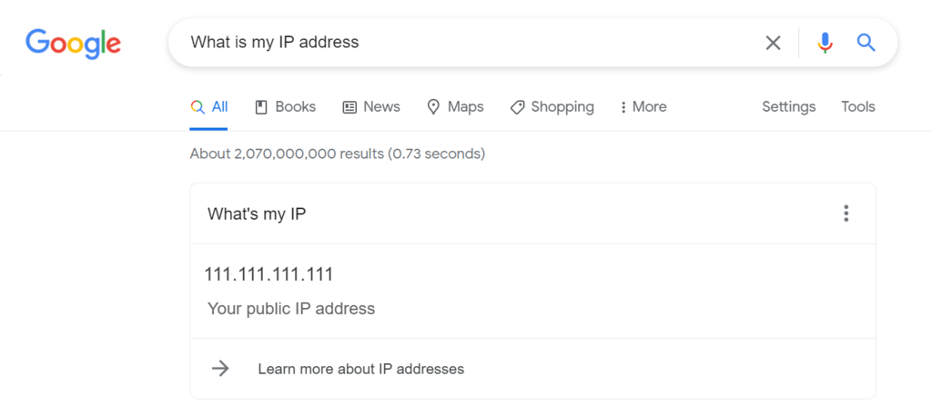 R&eacute;sultat de la recherche Google pour "What's my ip address" (quelle est mon adresse IP)
