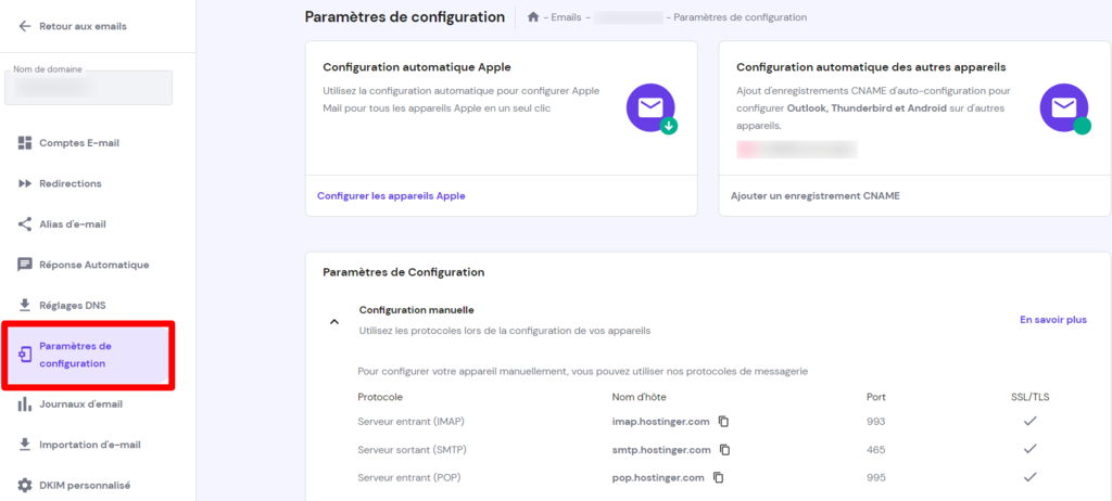 La page des param&egrave;tres de configuration dans hPanel