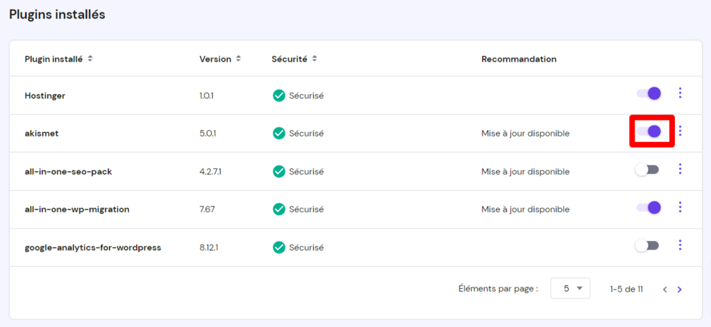Désactiver un plugin sur hPanel