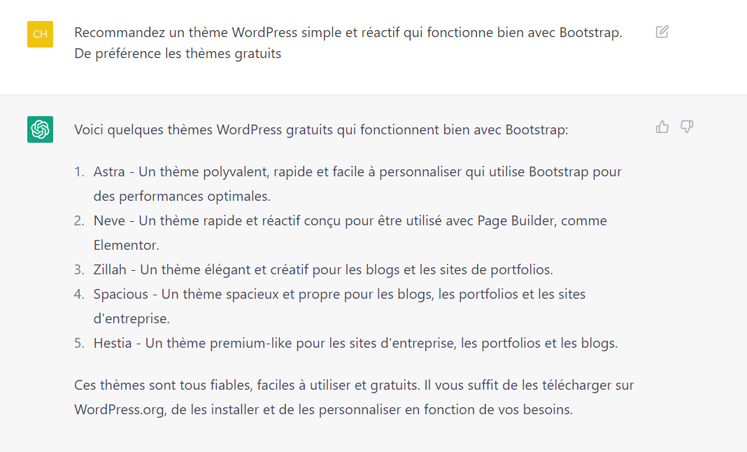 Recommandations de th&egrave;mes WordPress de ChatGPT
