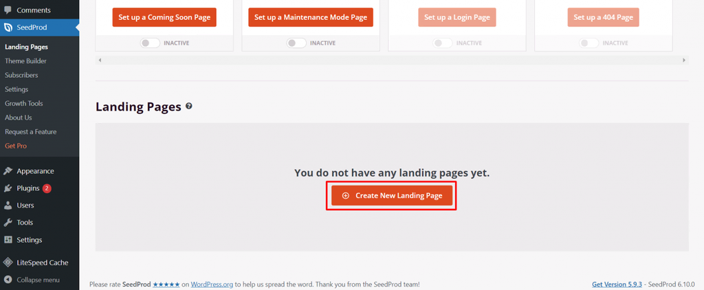 Le tableau de bord SeedProd avec le bouton Créer une nouvelle landing page