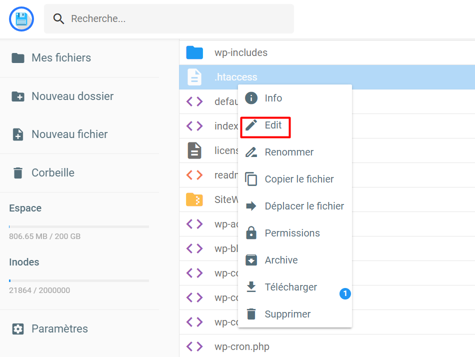 modifier le fichier htaccess sur le gestionnaire de fichiers hostinger