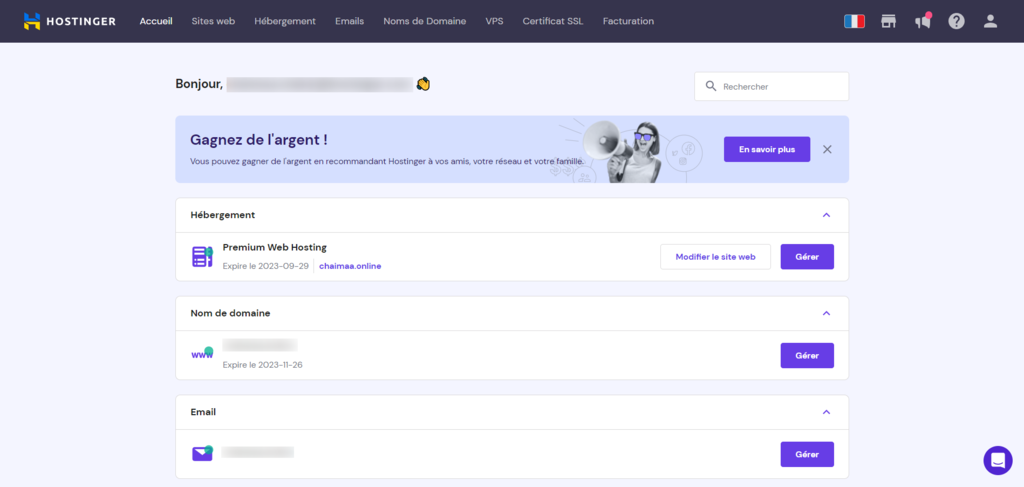 L'interface de hPanel, un panneau de contr&ocirc;le personnalis&eacute; de Hostinger
