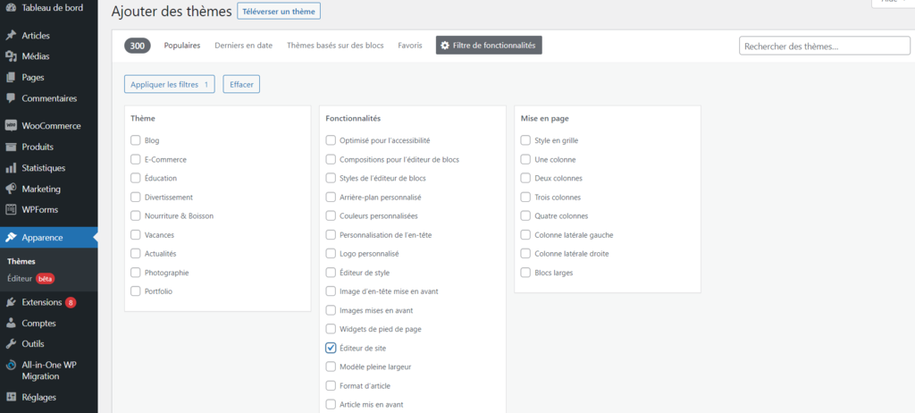 Filtrage des thèmes qui prennent en charge l'éditeur de site à l'aide de la fonction Filtre de fonctionnalités
