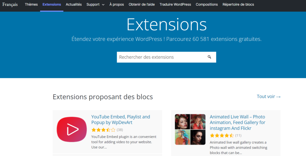 capture d'&eacute;cran du r&eacute;pertoire officiel des plugins wordpress