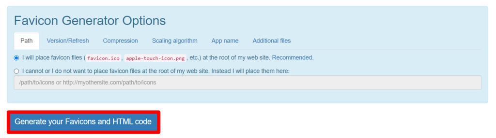 G&eacute;n&eacute;ration de favicons et de code HTML sur le site RealFaviconGenerator