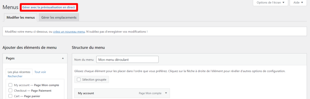 Gérer-avec-la-prévisualisation-en-direct Le bouton Gérer avec la prévisualisation en direct sur WordPress