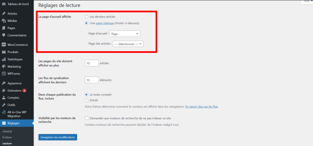 Configuration d'une nouvelle page d'accueil statique dans WordPress