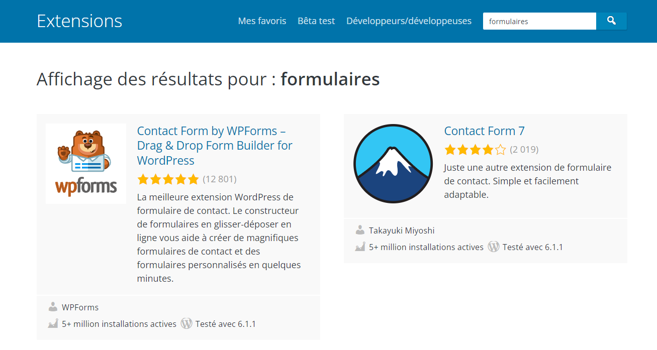 r&eacute;sultats de recherche dans le r&eacute;pertoire de plugins wordpress