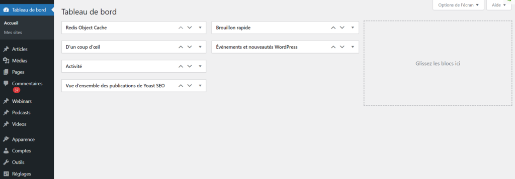 capture &eacute;cran tableau de bord wordpress