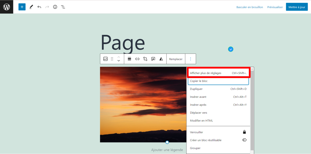 Option afficher plus de r&eacute;glages sur le bloc d'images de WordPress Gutenberg 