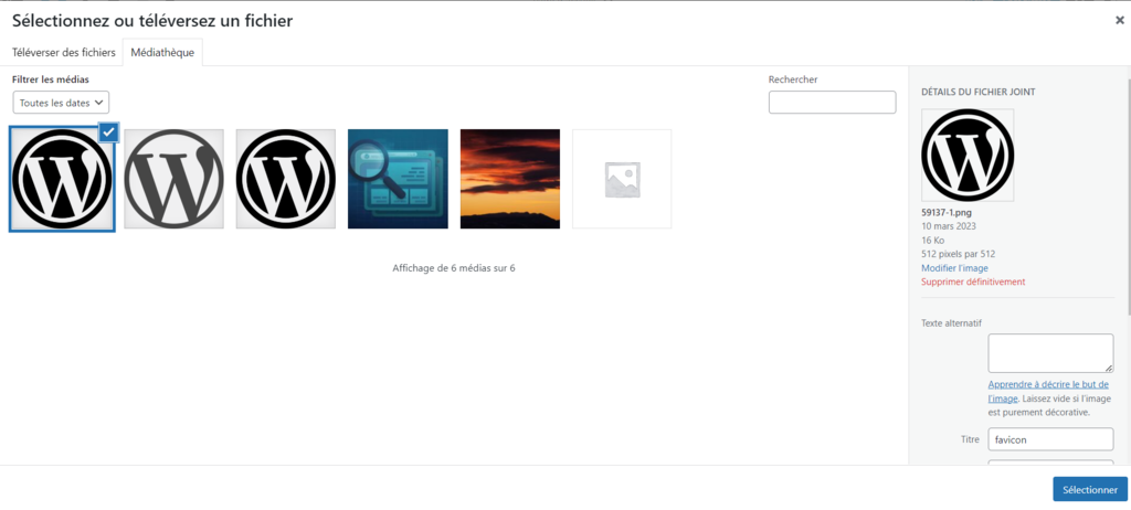 Fenêtre pop-up de la bibliothèque multimédia de WordPress, montrant un fichier favicon sélectionné